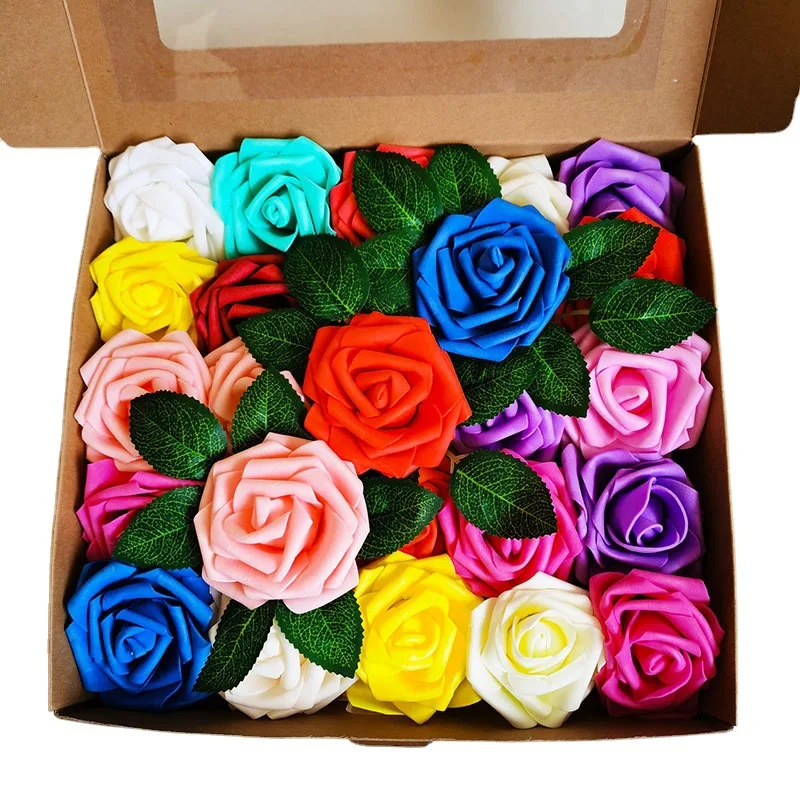 

25Pcs/box PE Rose Head Artificial Flowers Fake Plants Leaves DIY Wreath Wedding Valentine's Day Holding Bouquet Foam Flower Ball