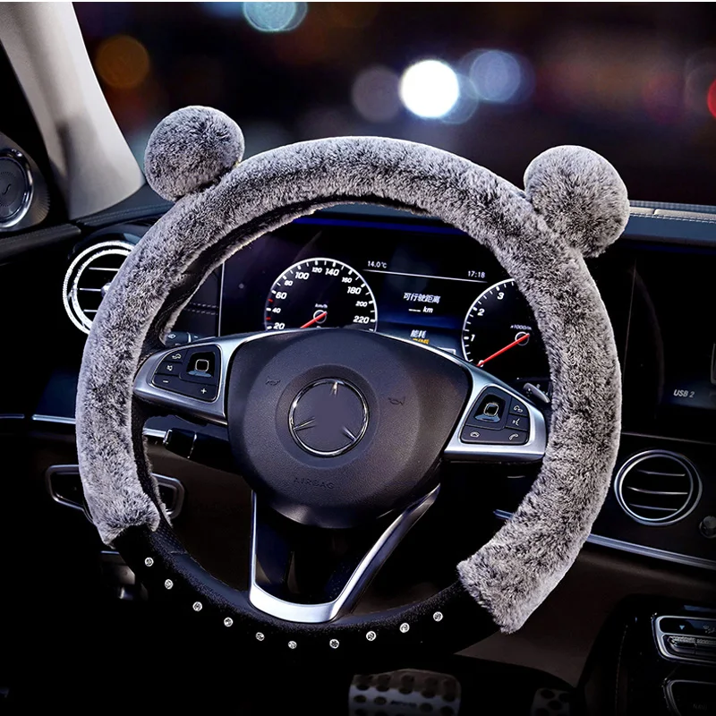 Cartoon Cute Panda Plush Car Steering Wheel Cover Universal Winter Rhinestone Steering Wheel Case Soft Fluffy Auto Accessories