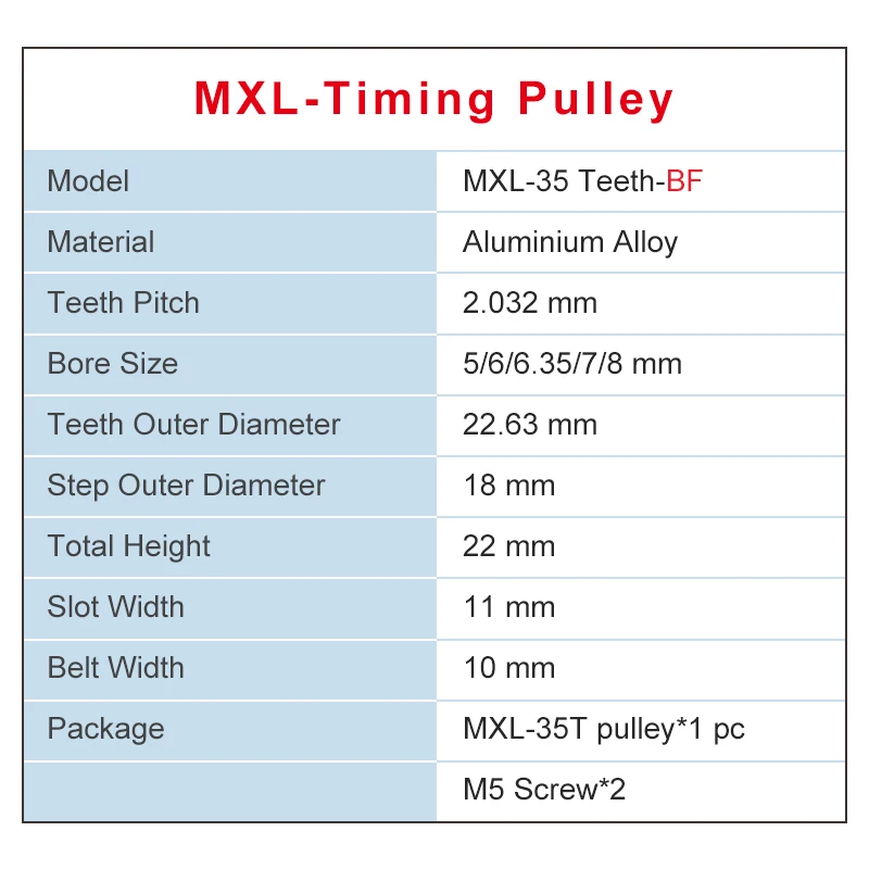 2 pcs Pulley MXL-35T Bore Size 5/6/6.35/7/8 mm Belt Pulley Slot Width 11mm Match with Width 10mm MXL-Timing Belt For 3D Printer