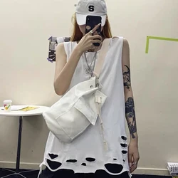 Moda poszarpane dziury kobiety kamizelka lato Harajuku Hip Hop baza żebrak T koszula główna ulica luźne ponadgabarytowych Tank Top czarny biały szary