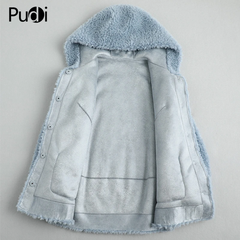 PUDI ผู้หญิงฤดูหนาวขนสัตว์จริงขนเสื้อแจ็คเก็ตหญิงสาวแกะ Hooded เสื้อโค้ท Lady Fur Parka Jacket เสื้อกันหนาว A59428