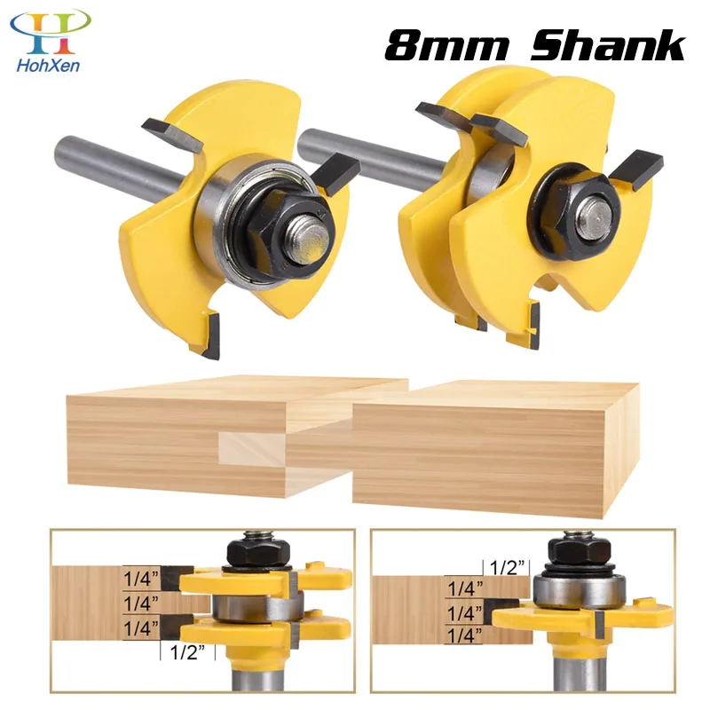 2 pc 8mm Shank Tongue & Groove Joint Assembly Router Bit Set Stock Wood Cutting Tool Milling Cutters 1/2'' Width Depth