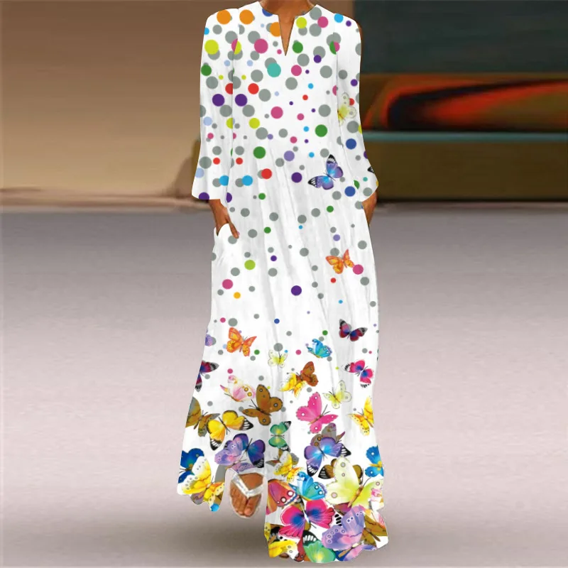 Butterfly Printing Women Sundress 2023 Spring Vintage  Long Sleeve V-neck Maxi Dress Elegant Ladies Long Dresses Female Vestidos