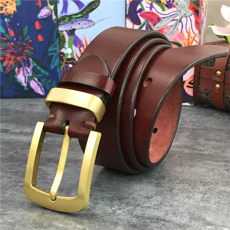 Vintage Brass Belt Buckle Genuine Leather Belt Male Ceinture Yellow Belt Cowboy Jeans Men\' Belt Long 130cm Waist Belt MBT0006