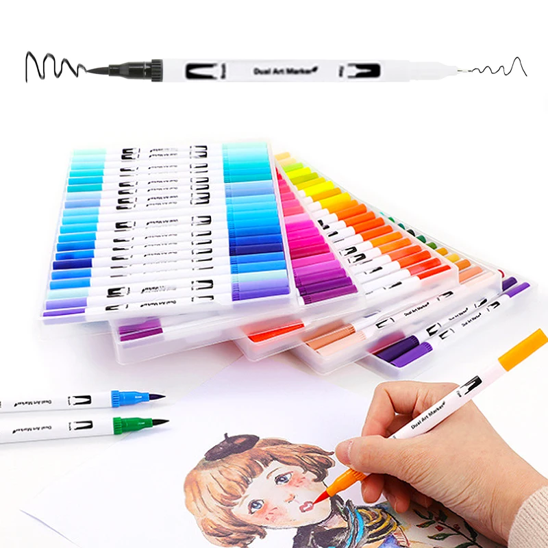 Fineliner Brush Pen Set Water-based Ink Watercolor Marker Drawing Pens Coloring Brushpen Dual Tip Markers Art Supplies Felt Tip