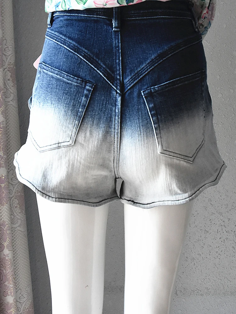 TWOTWINSTYLE Ombre Denim Shorts For Women High Waist Single Breasted Patchwork Ruffle Trim Loose Short Pant Female 2022 Summer
