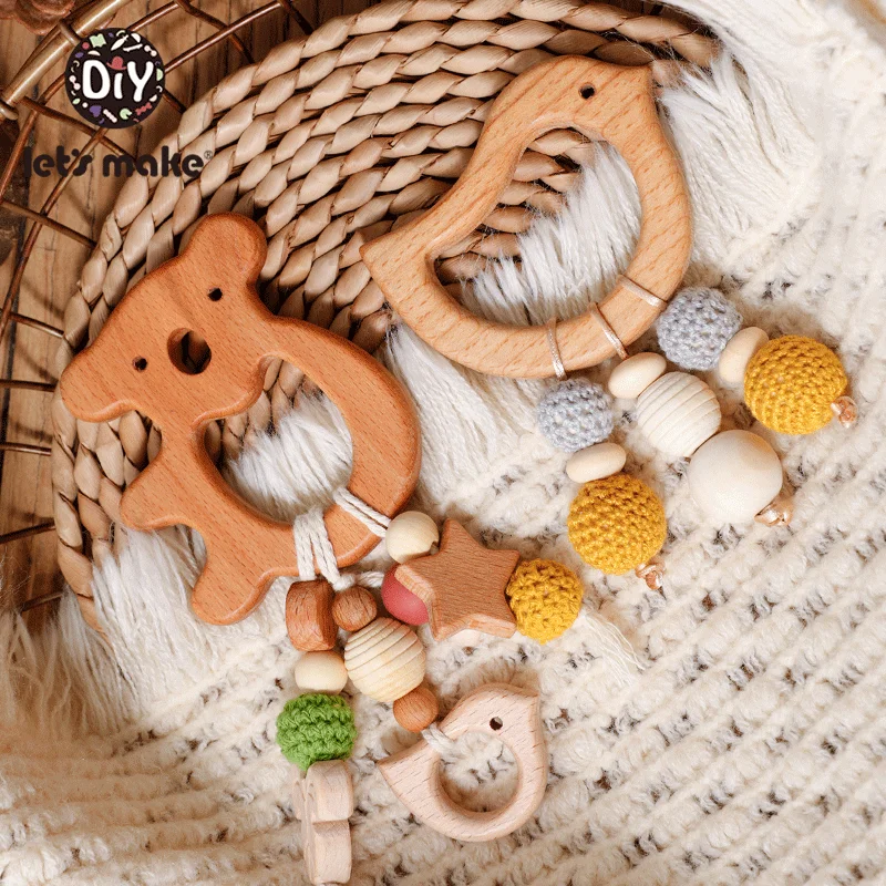 Let's Make 1pc Baby Teether Toys Wooden Animals Birds Pendant Olive Oil Beech Wood Crochet Beads Baby Rattle Stroller Kids Gifts