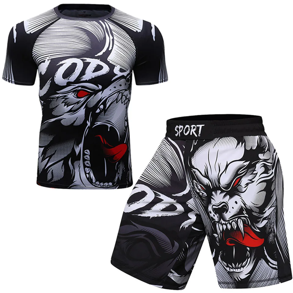 Men Compression running T-Shirt+Pants MMA Work Out Rashguard T Shirt Exercise Fitness Tights Cross fit Rash Guard bjj Jersey