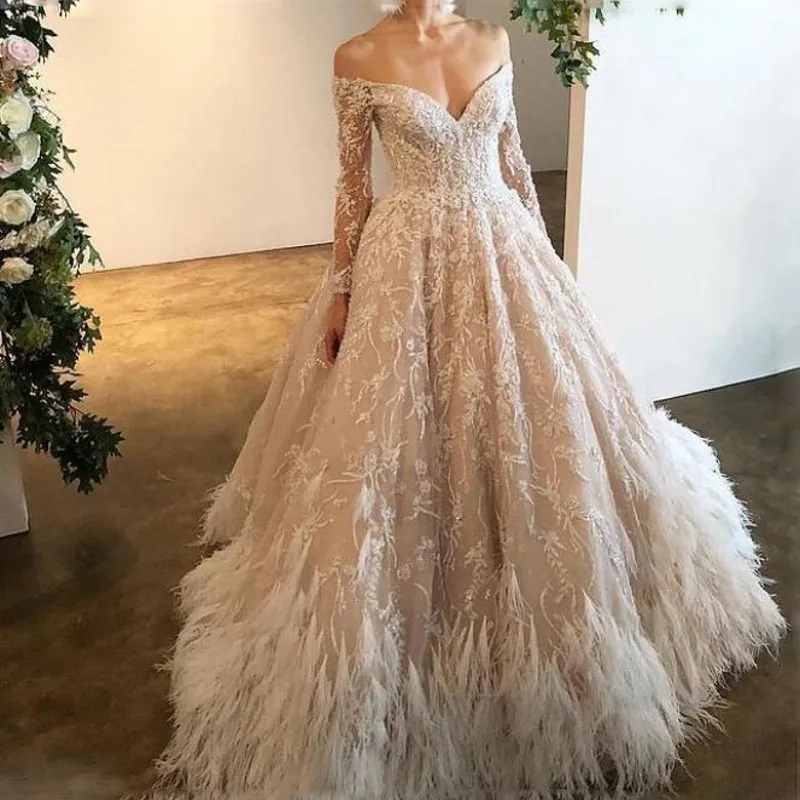 

Charming Lace And Feather Wedding Dresses Off The Shoulder Sheer Long Sleeves A Line Bridal Gowns Vestido De Novia Sweep Train