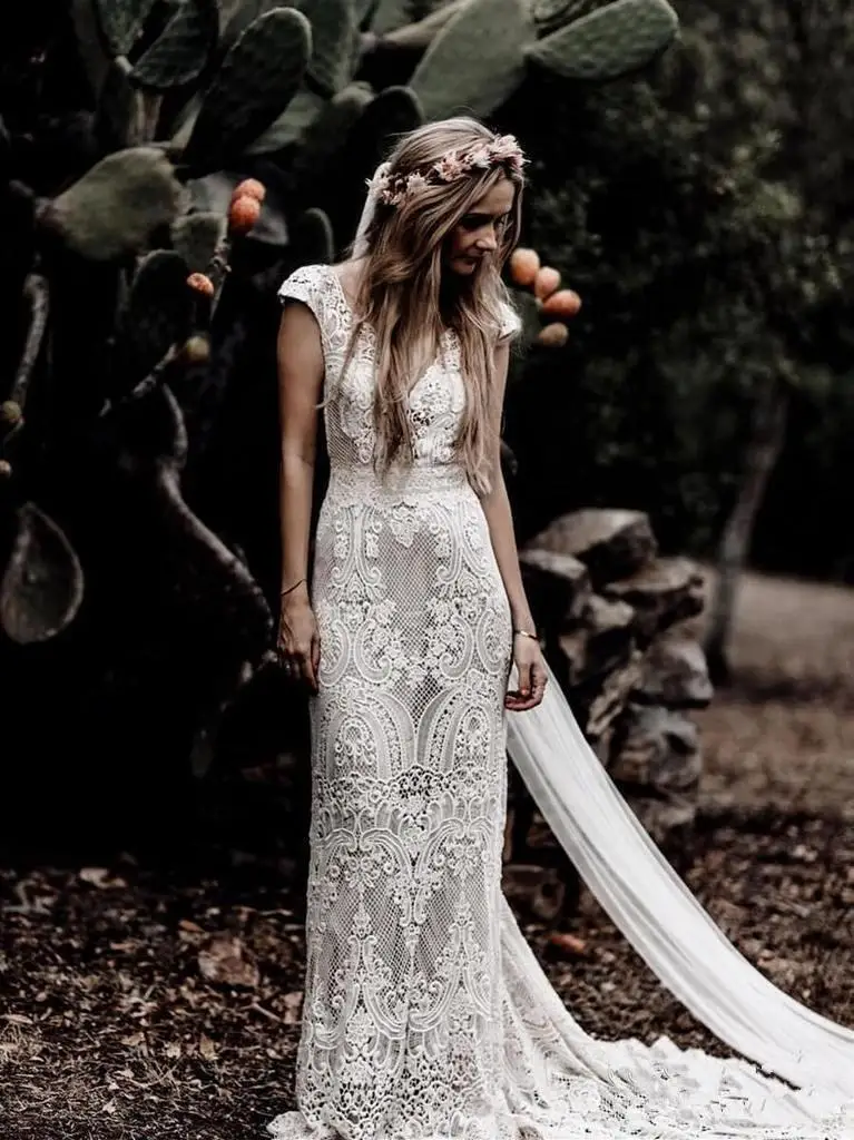 Livre veil país boho vestidos de casamento bainha rendas v pescoço boné manga sereia vestidos de noiva trem varredura sem costas robe de mariee