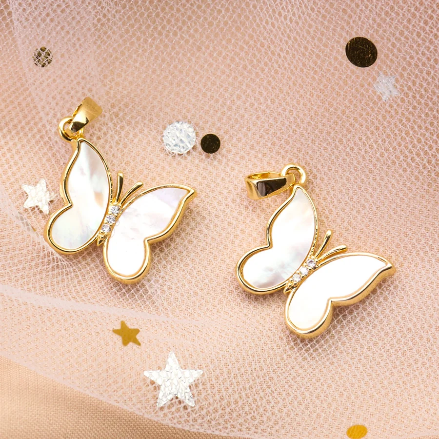 Natural Mother of Pearl Butterfly Charms Inlaid Zircon Gold Plated Animal Pendant Earrings Necklace Women DIY Jewelry Accessory