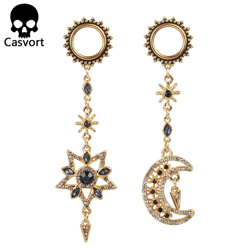 Casvort 2 szt. Ze stali nierdzewnej eleganckie kobiety gwiazda księżyc wskaźniki uszu korki tunele dynda kolczyk Expander piercing biżuteria