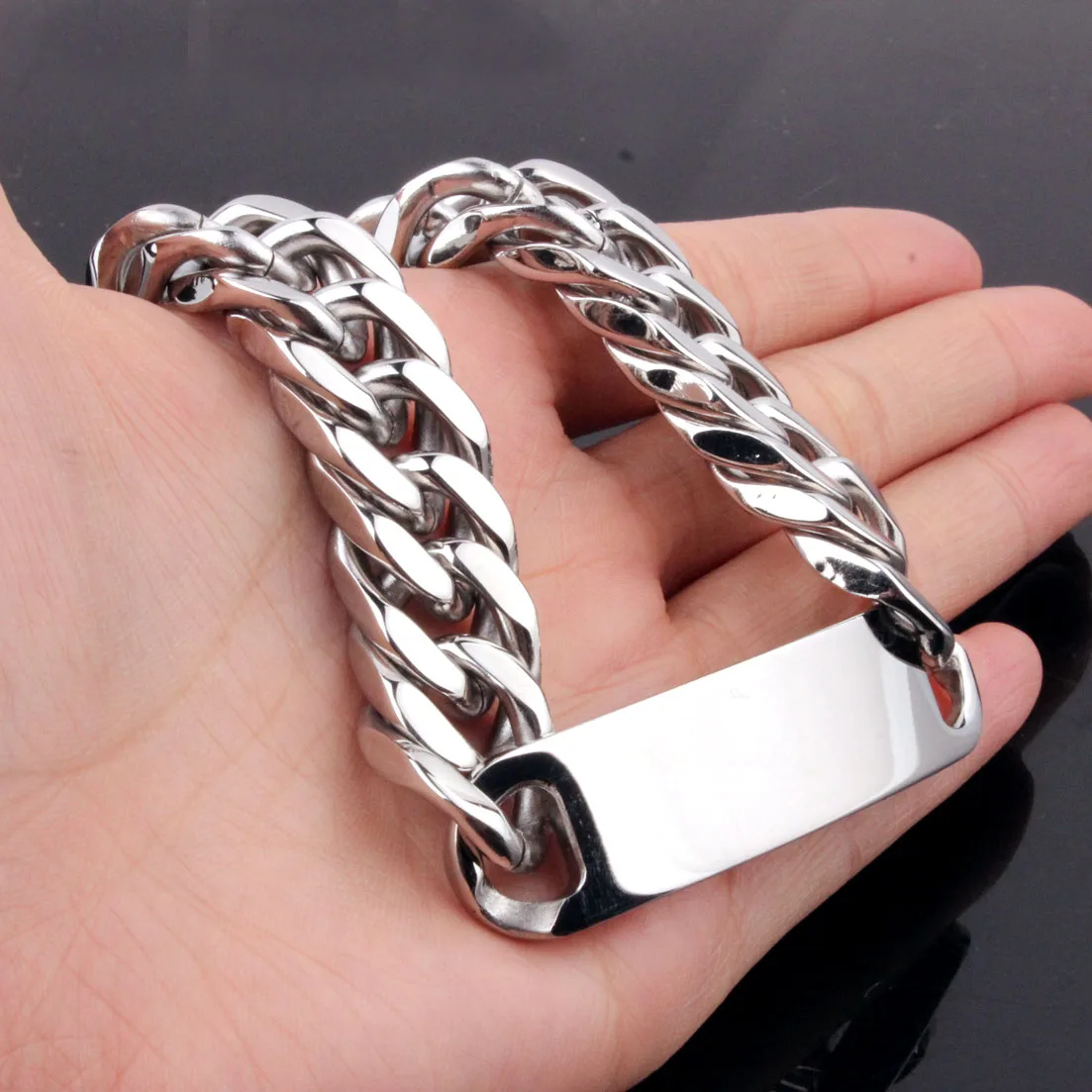 High Polished Bracelet Stainless Steel Men ID Link Bracelet Double Cuban Curb Chain Heavy Cool Men Jewelry 8-11inch