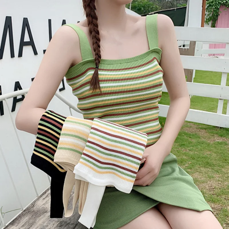 Women Summer Casual Basic Sexy Tank Top Striped Slim Sling Bottoming Stretch Camisole Tops Vest 2021