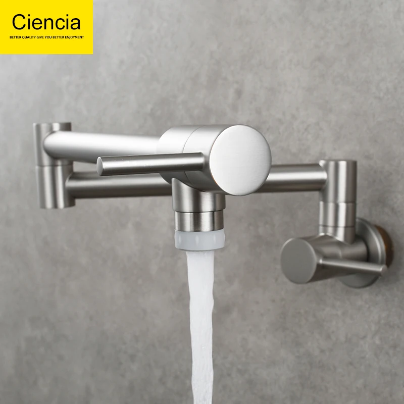 Ciencia Brass Chrome Kitchen Faucet Dual Handle Kitchen Tap Wall Mounted Folding Double Handle Single Cold water Only