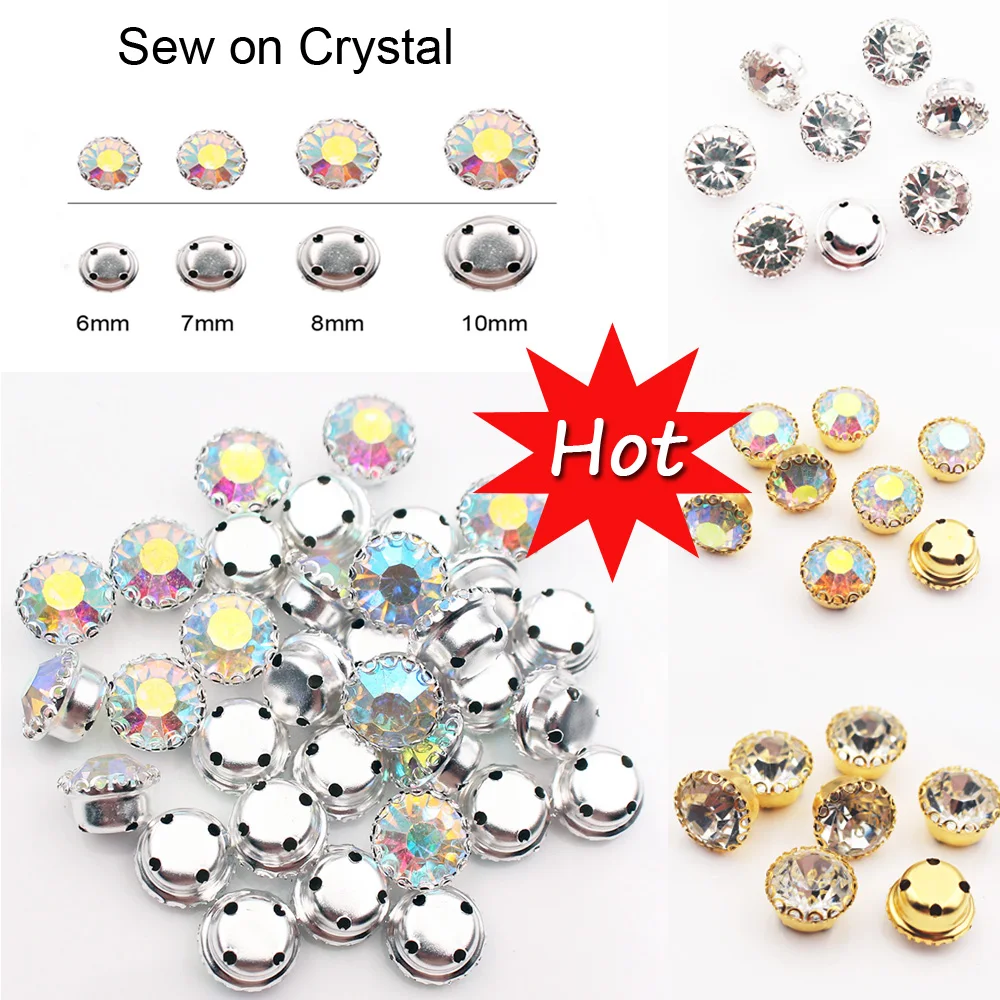 

Hot sale New 6-10MM Round Shapes Silver & Gold Sew on Rhinestones With Claw Crystal Glass Glitter Rhinestones For Wedding Dress