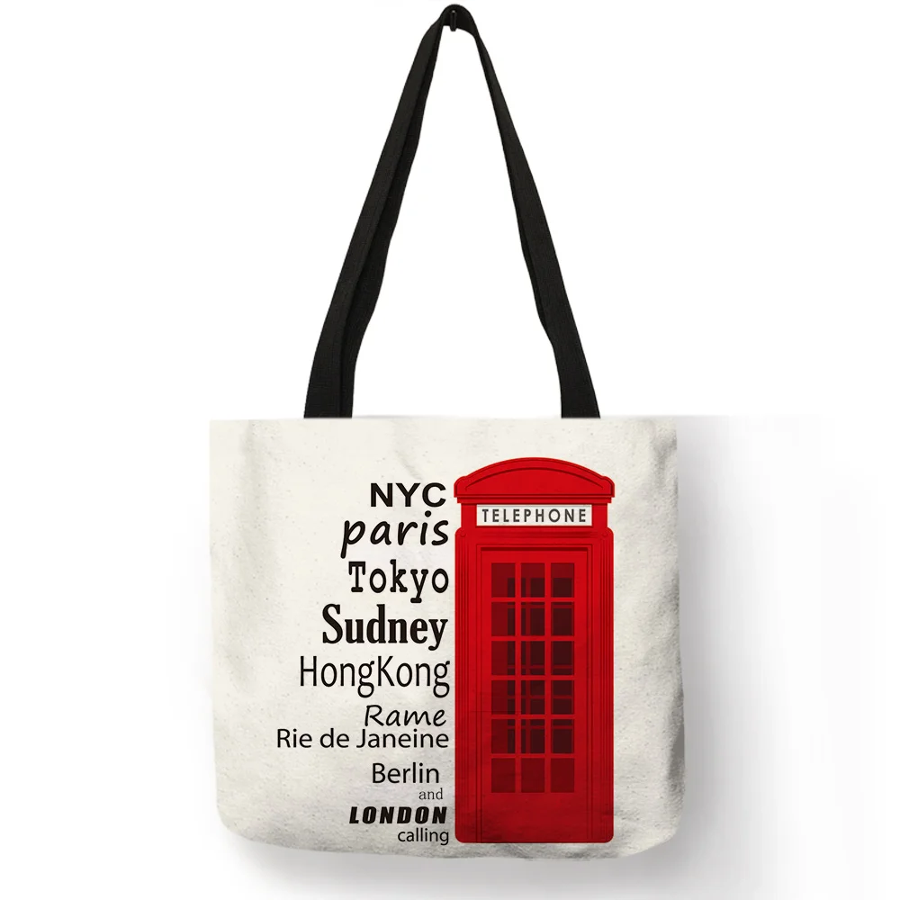 Fashion London Design Handbags Luxury Women Girls Linen Tote Bags Telephone Bus Print Folding Beach Students Book Bag B10094