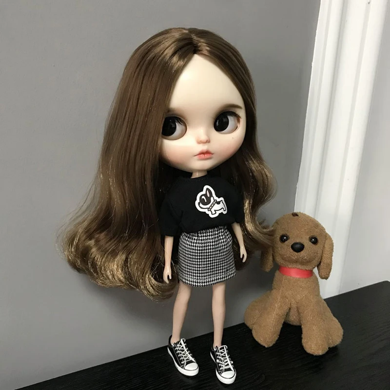 DLBell 1pcs Blythe Doll Clothes Black or White T-shirt and Plaid Skirt for Blyth Azone OB24 OB23 1/6 doll accessories