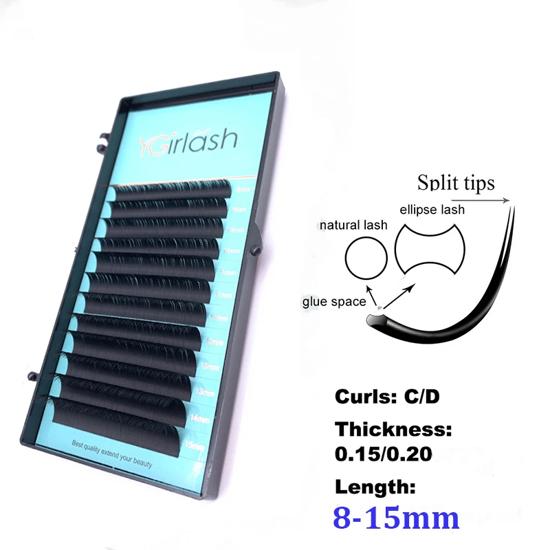 

YGirlash Private Label Ellipse Flat Lashes Split-tips Eyelash Extension Individual Eyelashes Nature Lash For Make Up