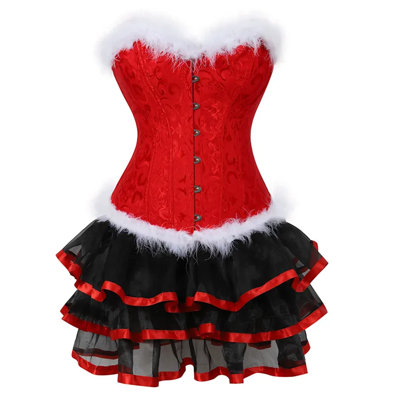 Christmas Santa Corset Dress Overbust Bustier Sexy Skirt Set Corselet Lingerie Burlesque Gothic Vintage Plus Size Costume Red