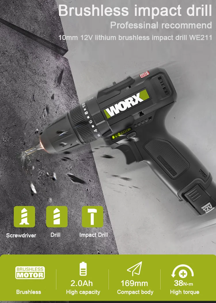 WORX WE211 10 مللي متر 12 فولت بطارية ليثيوم بدون فرشاة تأثير الحفر مفك الحفر الخشب/الخرسانة/الصلب سائق-الصناعة/الحديقة-أدوات