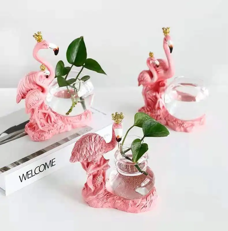 Pink Flamingo Hydroponic Plant Vases House Flower Pot Decoration Nordic Style Resin Plant Bonsai Desktop Decor Glass Small Vase