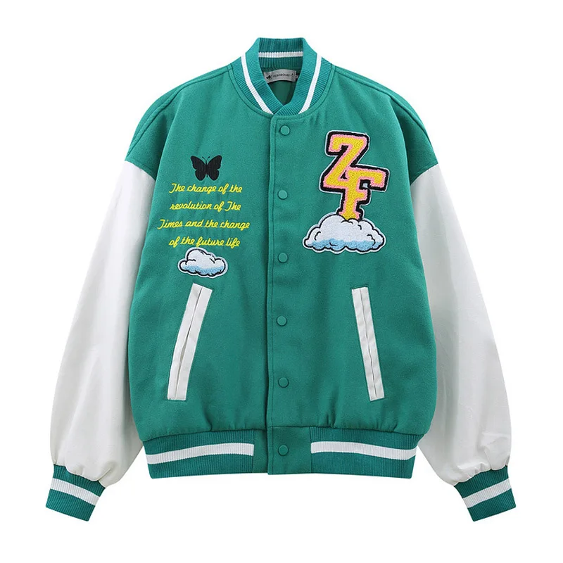 Men Vintage Baseball Jacket Flocking Embroidery Rabbit Butterfly Varsity Jackets Harajuku Causal Oversized Coats Couples Autumn