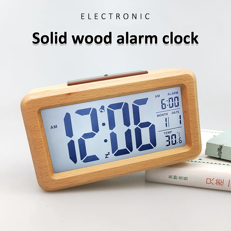 Wooden Digital Alarm Clock,Smart Sensor Night Light with Snooze, Date, Temperature, 12/24Hr Switchable, Solid Wood/Bamboo Shell