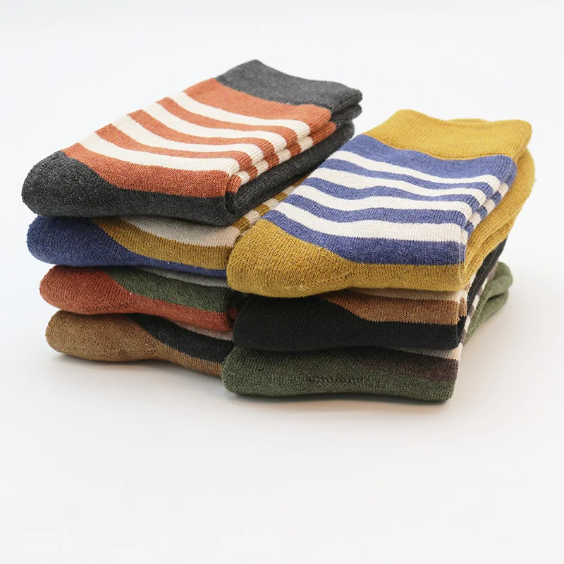 Men's Winter Thick Warm Striped Terry 100% Combed Cotton Socks Soft Breathable Harajuku Retro Casual Long Socks 3 Pair