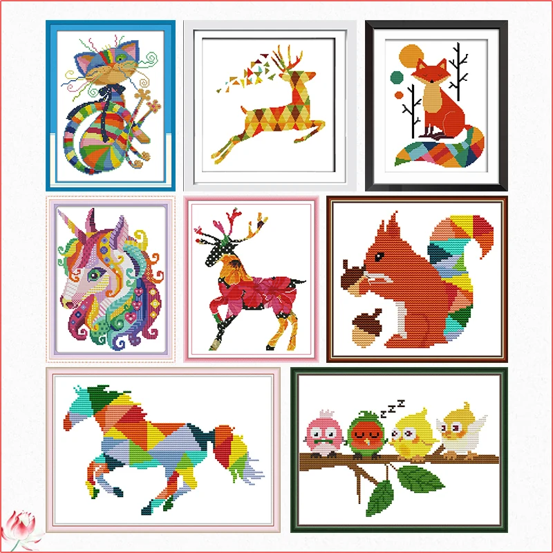 Cute Color Cartoon Animal Pattern Cross Stitch Kit 14ct 11ct Embroidery Set DIY Handmade Sewing Needlework Home Decoration Gift