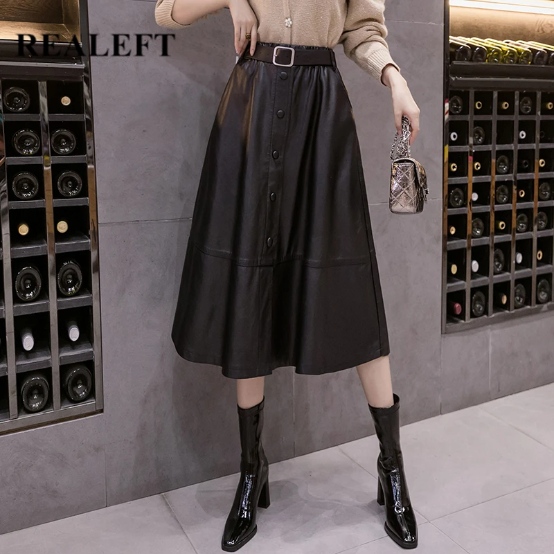 REALEFT 2021 New Autumn Winter PU Faux Leather Long Skirt with Belt High Waist Vintage Buttons Mid-calf Umbrella A-Line Skirt