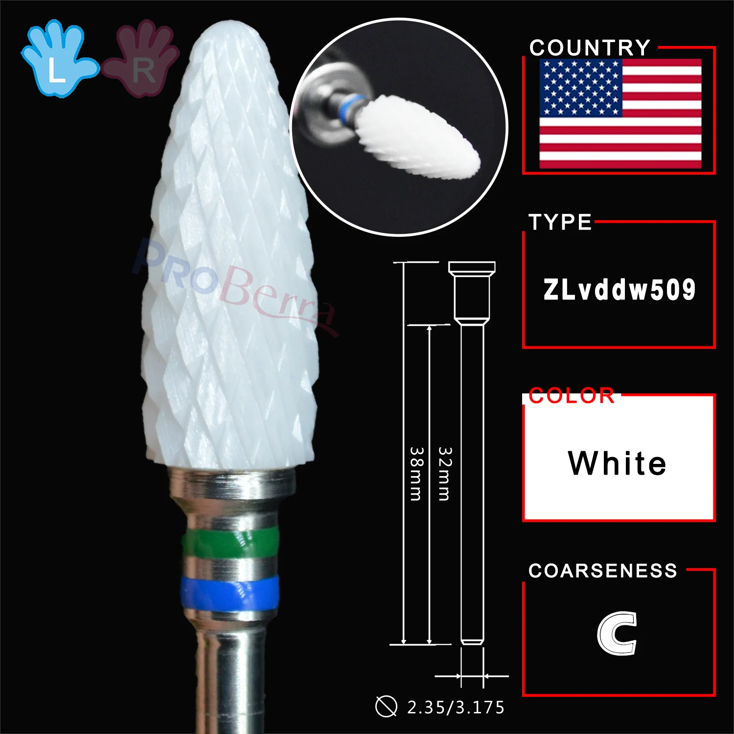 RolinStar White Ceramic Left Handed Person Flame Bit designated milling cutters removel gel polish varnish Nail Drill Bit