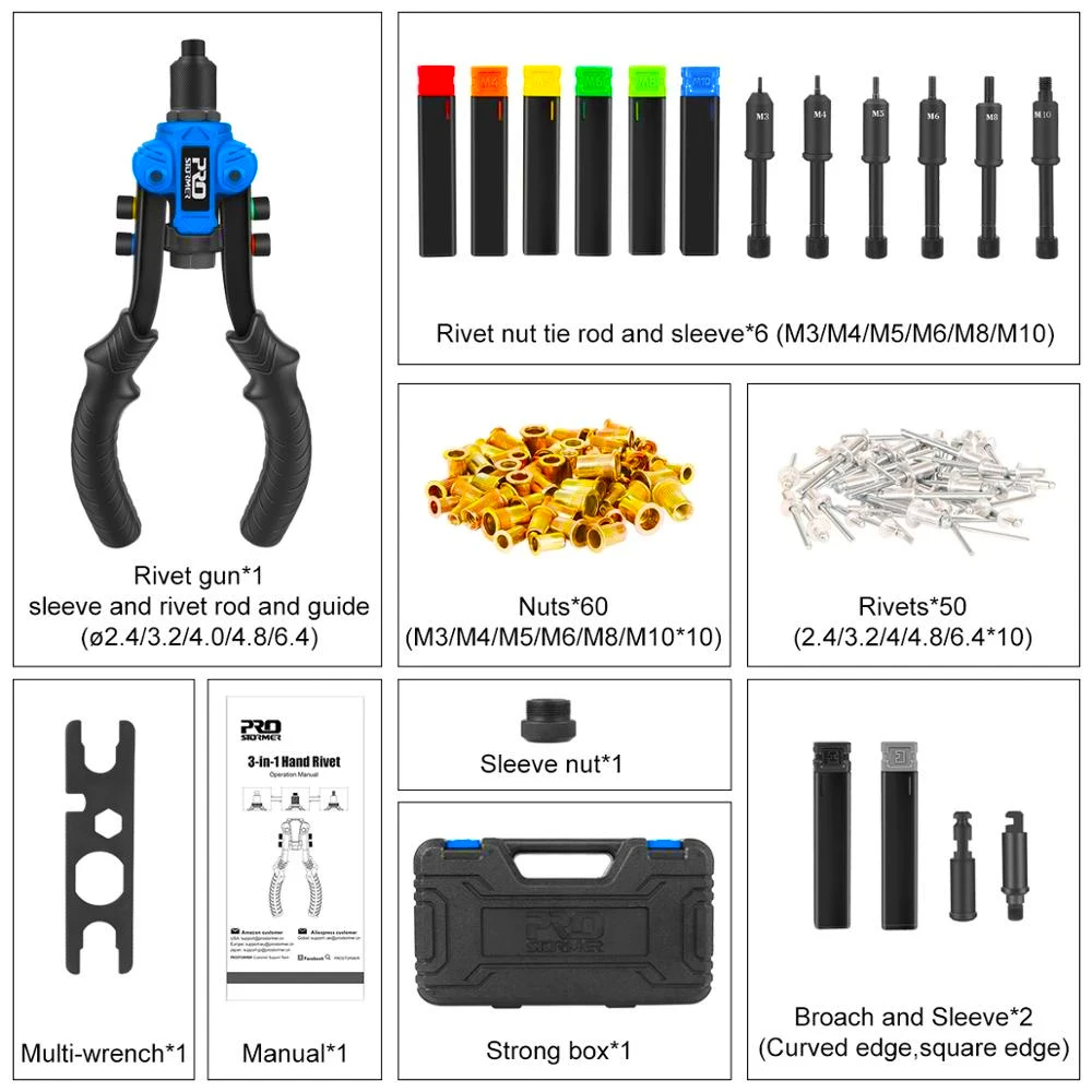 3 in 1 Hand Rivet Nut Guns Riveter of Sleeve Nuts Threaded Rivet Tool for Auto Multi Reaming by PROSTORMER