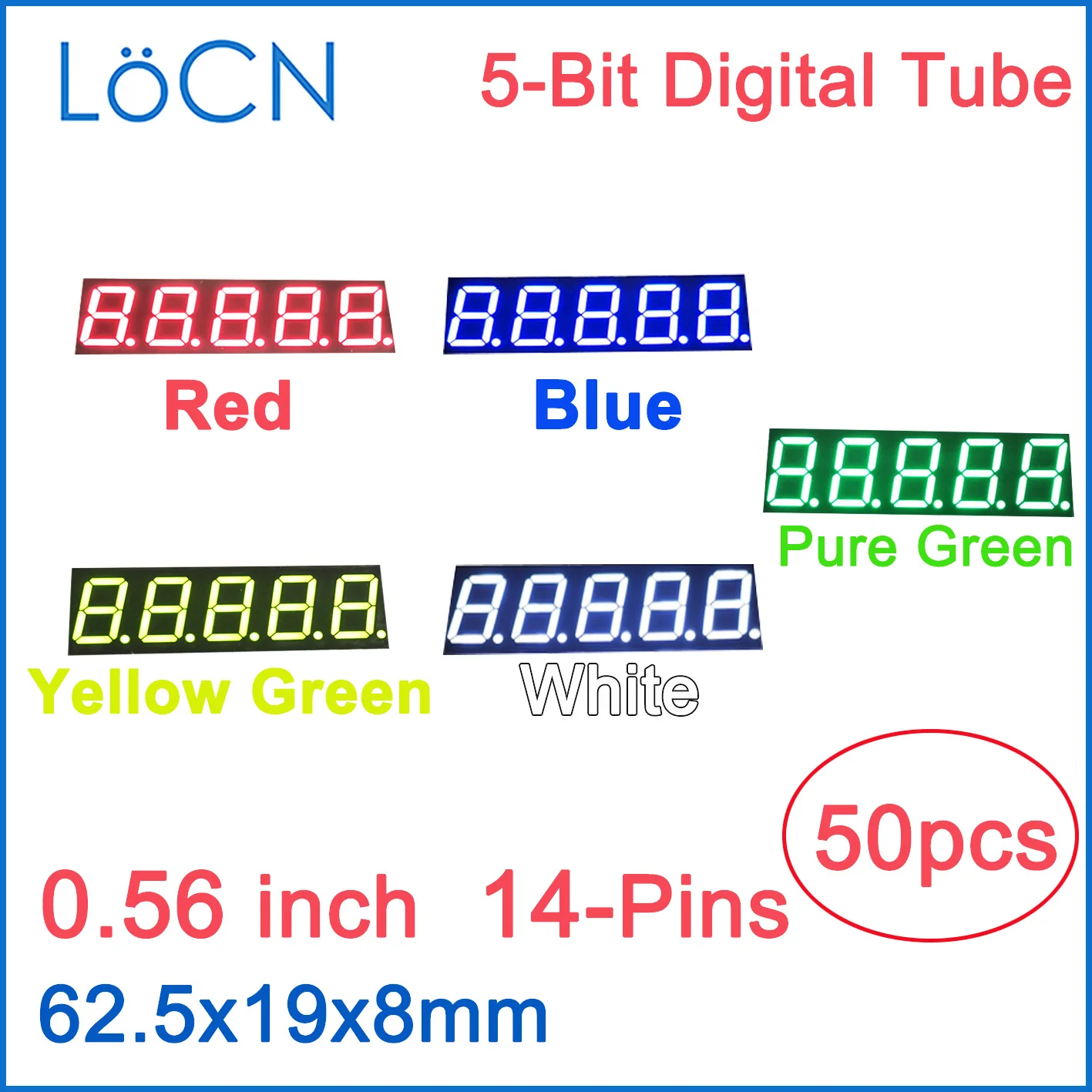 0.56 inch LED Display Digital tube 5 bit RED BLUE WHITE YELLOW PURE GREEN Common Cathode Anode High Bright Clock Display 50PCS