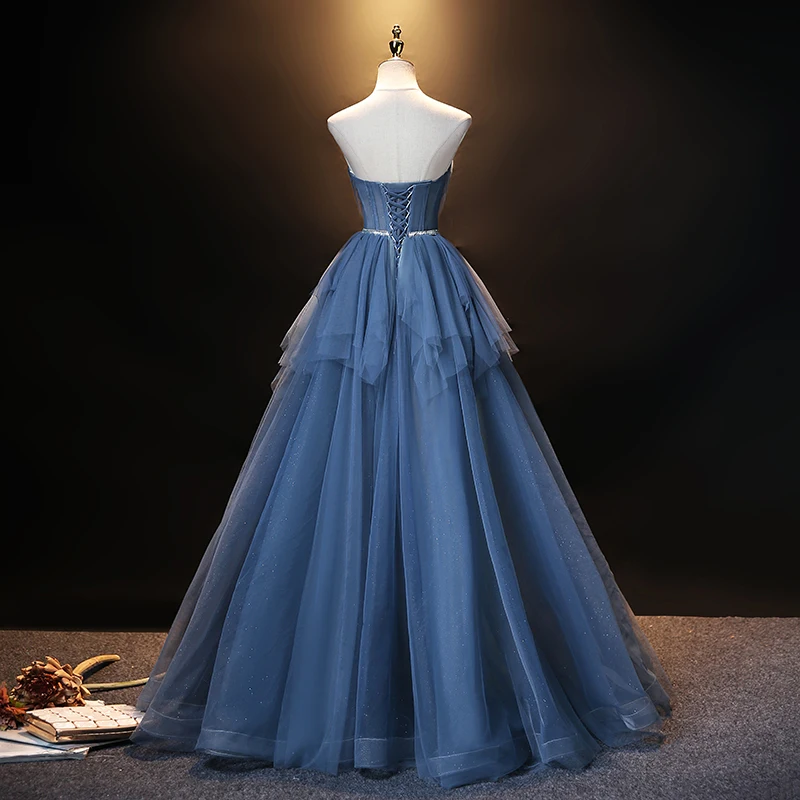 AnXin SH Vintage blaue Spitze glitzerndes Spaghettiträger ärmelloses Ballkleid Prinzessin Party Host Rüschen maßgeschneidertes Abendkleid