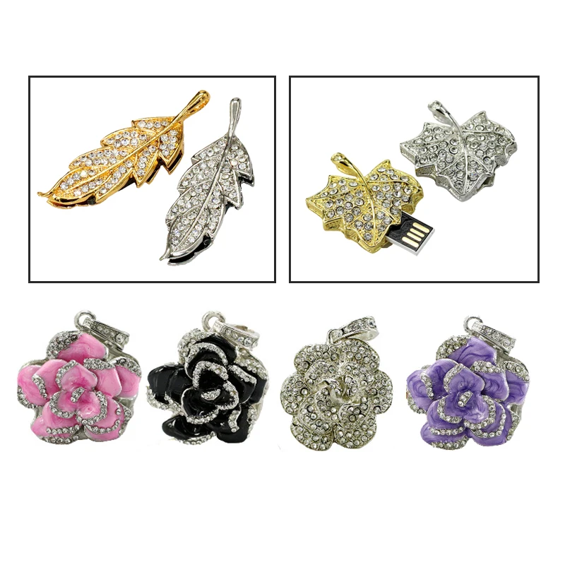 Diamond Rose Flower Leaves USB Flash Drive 128GB USB Flash Disk Girlfriend Gift Crystal Necklace Pendrive8GB 64GB USB 2.0 Gift