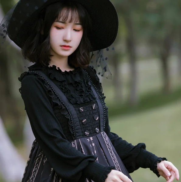 Palace vintage sweet lolita top falbala o-neck lamb leg sleeve victorian knit shirt kawaii girl gothic lolita top loli cosplay