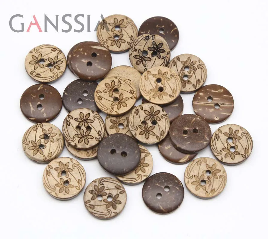 50pcs/lot Size:12.5mm-15mm Round Natural Coconut Buttons 2 Holes Flower Design Button Accssories Sewing Button (ss-903)