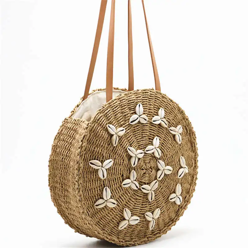 

Round Straw Beach Bag Summer Woven Shell Handmade Shoulder Bag Girls Circle Rattan Braided Detail Tote Bag With zipper