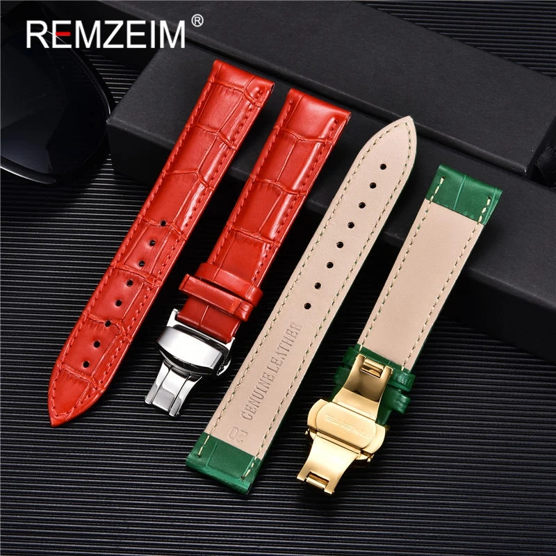 Bamboo Pattern Genuine Leather Watch Strap Cowhide Watchband 18/20/22/24mm With Stainless Steel Butterfly Buckle Wrist Straps