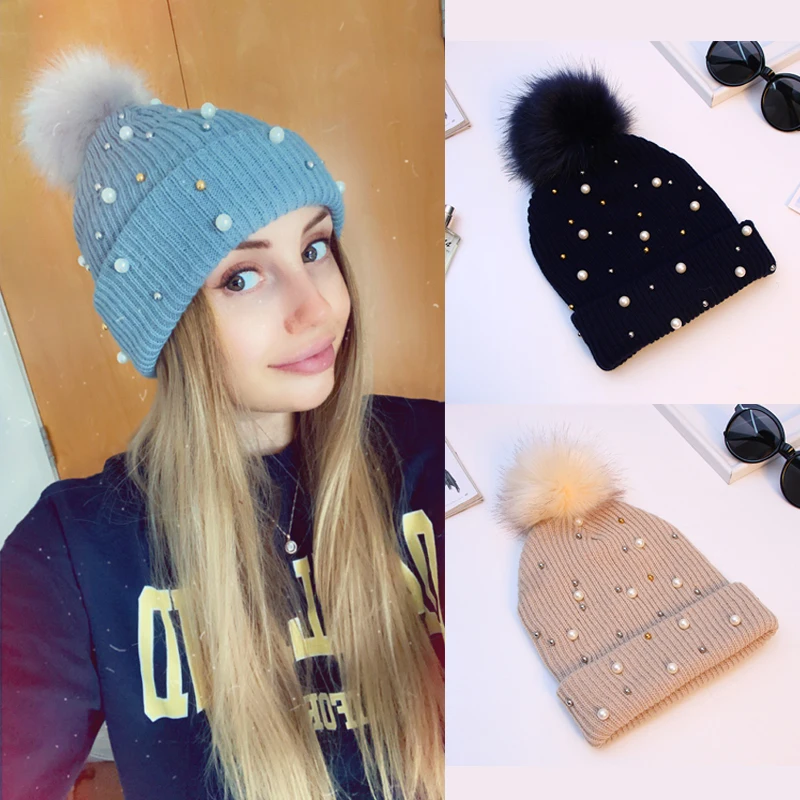 Gorro de lana con bolas de pompón para mujer, gorro de punto con perlas y diamantes de imitación, informal, cálido, para exteriores, invierno, 2021