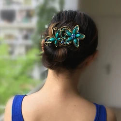 Metal Rhinestones Hair Clip Vintage Bronze Plating Butterfly Hair Claw Retro Flower Hairgrip Women Hair Jewelry