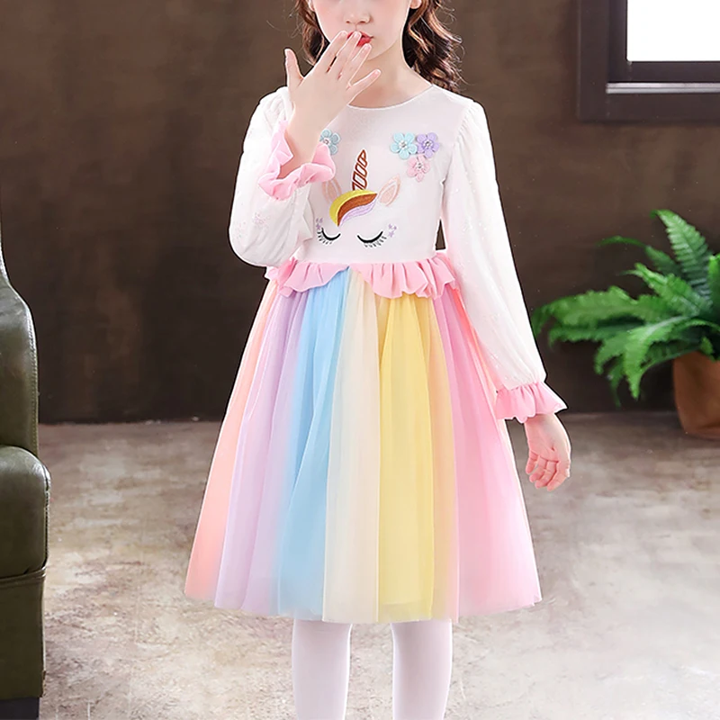 Kids Little Girls' Dress Rainbow Unicorn Flower Party Birthday Beaded Embroidered Ruffle Knee-length Long Sleeve Princess Dress