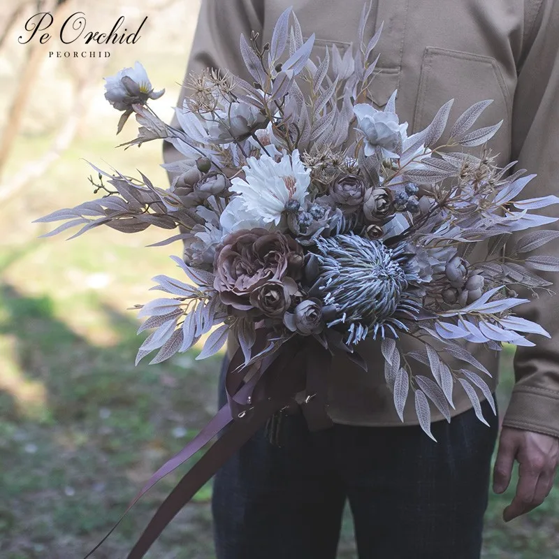 Buquê de flores de orquídea peônia, rosa, noiva, artificial, ramo de futura esposa, vintage, rústico, feito à mão, luxuoso, buquê de casamento