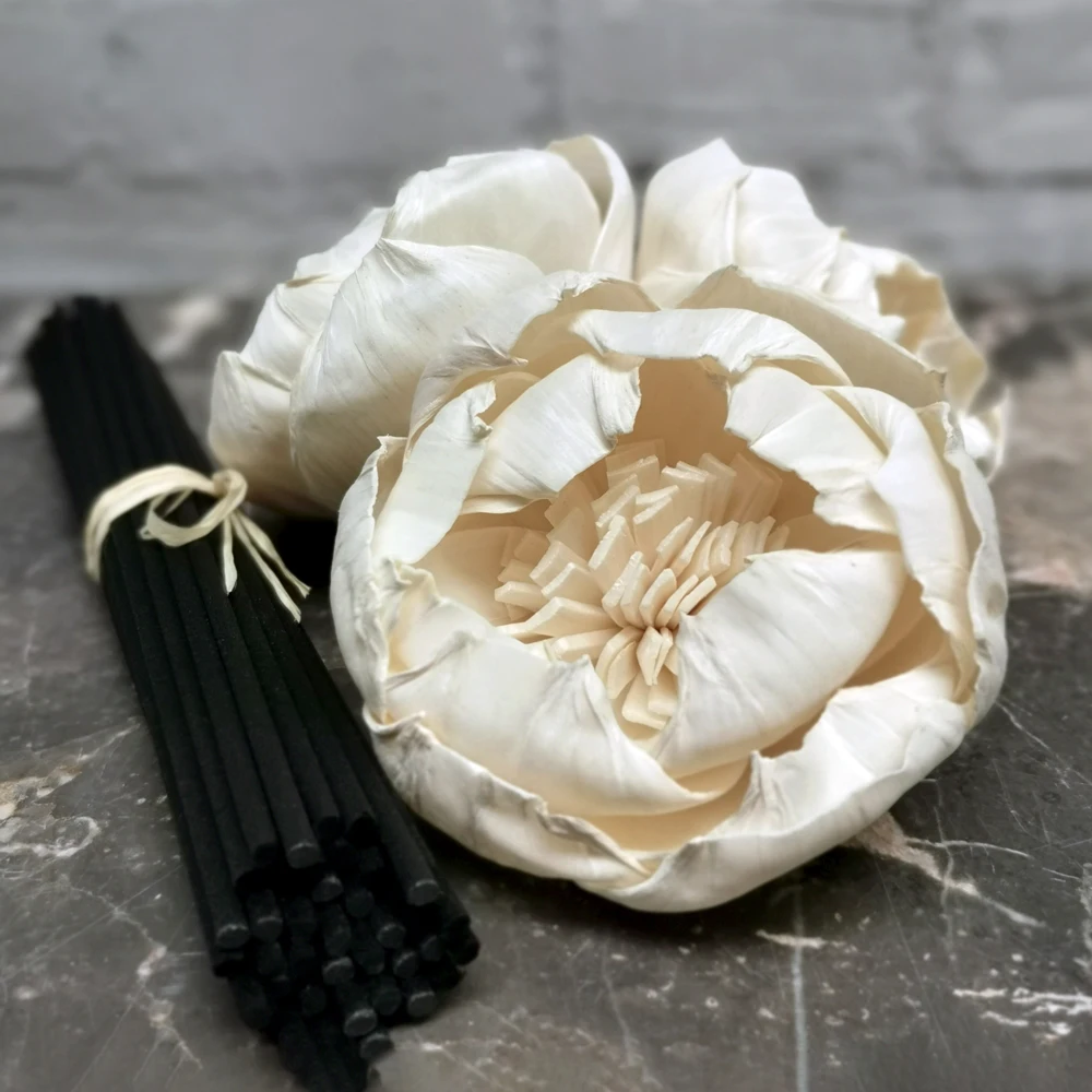 

36pcs 3.2" Sola Wood Flower with 6.5" Black Fiber Rattan Sticks Reed Diffuser Accessories Modern DIY Home Decor PEONY