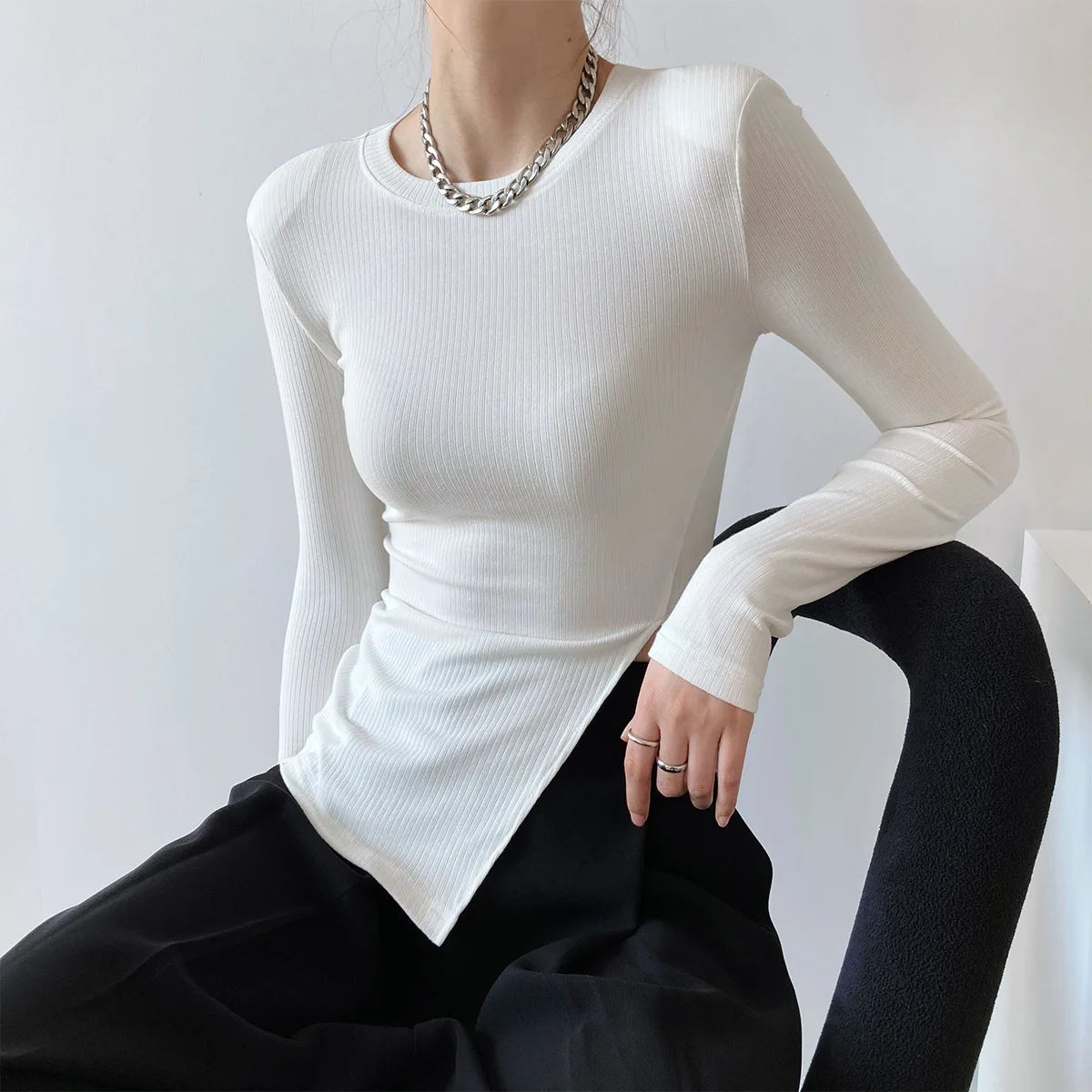 

Fashion O Neck Long Sleeve Shirt Women Sexy Cropped Tops 2021 Atumn Black Casual Skinny Slim Basic Split Woman T Shirts White