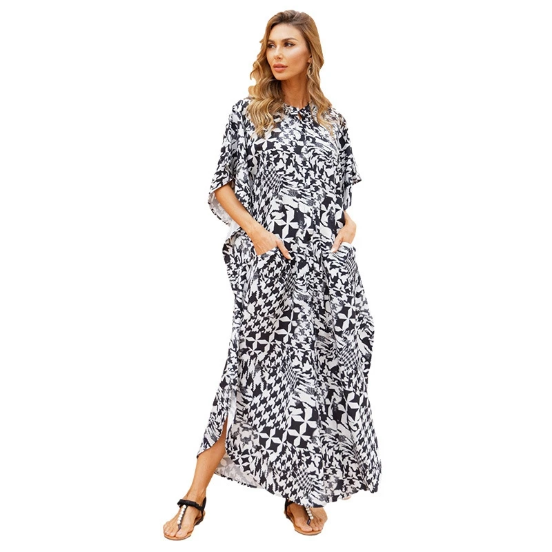 Animal Print Shirt Dress With Button Women's Casual Kaftan Long Tunic MaxiDress Polyester Beach CoverUp PlusSize Timeless Caftan