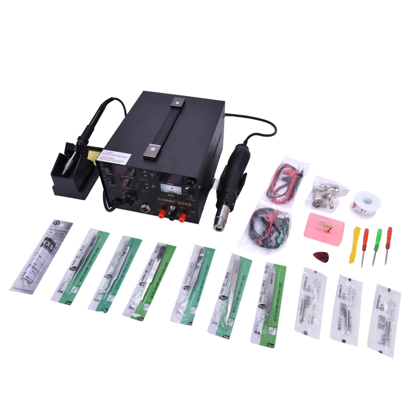 110V Saike 909D 3 in 1 Heat Air Gun Solder Iron Soldering Station+Power Supply