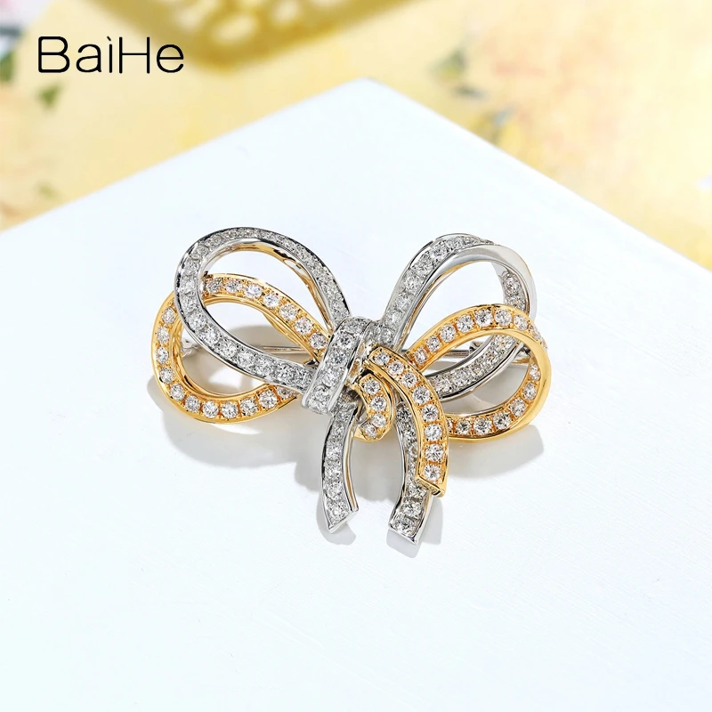 BAIHE Solid 14k White+Rose/Yellow/White Gold H/SI Natural Diamond Bowknot Suit Dress Brooch Pendant Women Trendy Fine Jewelry