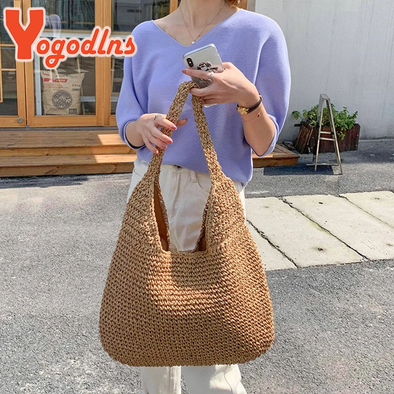 Yogodlns Summer Straw Bag For Women Woven Handmade Handbag Large Capacity Lady Tote Vacation Beach Bag Rattan Shoulder Bag Bolsa